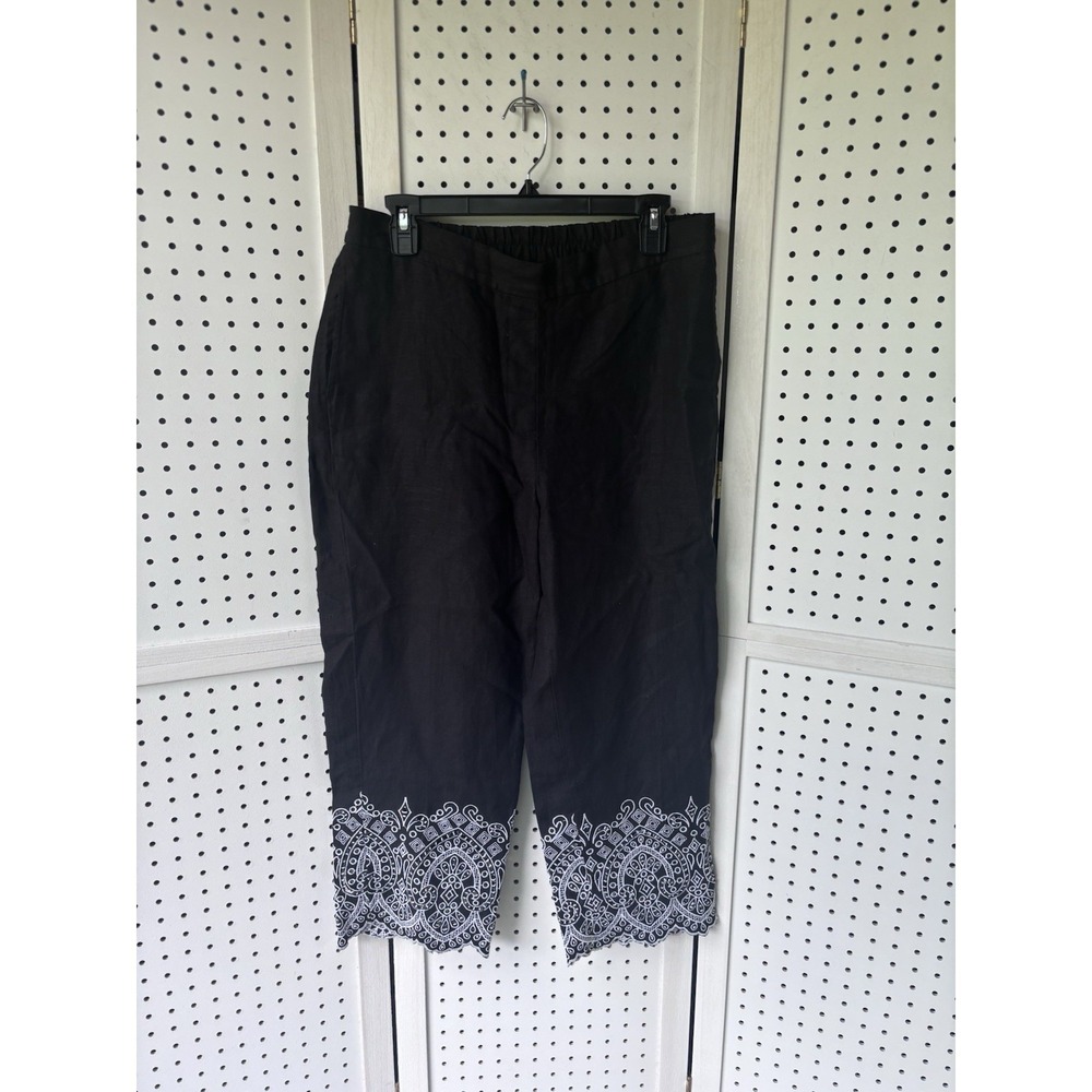 Chico's 0.5 US 6 Embroidered Eyelet Black White Cropped Capri Pants 100% Linen